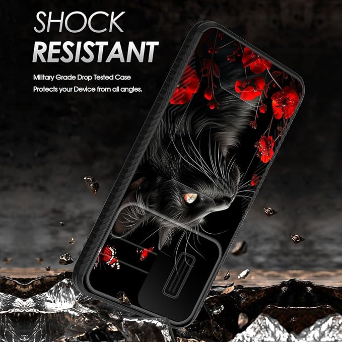 for Galaxy A26 5G Case Built in Slide Camera Lens Cover,Heavy Duty Shockproof Protection Dual Layer Case for Samsung Galaxy A26 5G 6.7" 2025,Black Cat Flowers and Butterflies