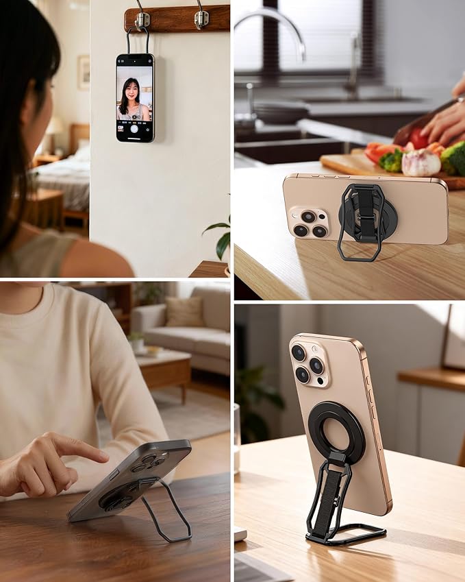 4-in-1 Magnetic Phone Grip Mount Stand with Finger Loop, Phone Ring Holder, Strap, Kickstand for MagSafe - Compatible with iPhone 17, 16, 15, 14, 13, 12, Plus, Pro, Max, Air