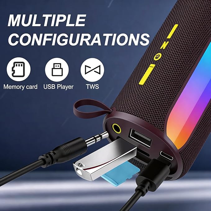 T&G Portable Bluetooth Speaker with Colorful Lights, 24W Loud Wireless Stereo Sound, IPX4 Waterproof, Outdoor Party Speaker, TWS Pairing, 15H Playtime, Great for Outdoor/Home/Party/Beach