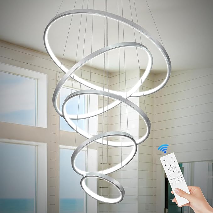 5 Ring Modern LED Chandelier Dimmable Silver High Ceiling Chandeliers for Foyer, LED Contemporary Large Pendant Lighting with Remote Control Circular for Living Room Staircase, 3000K-6500K