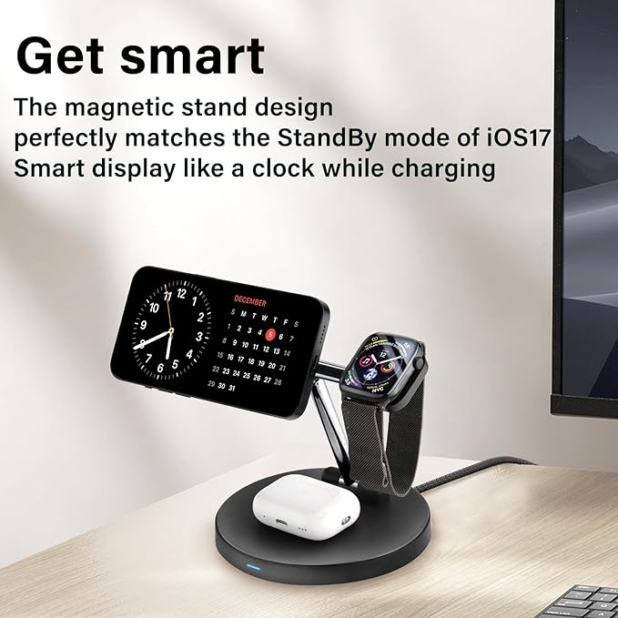 3 in 1 Charging Station for Apple Devices,Magsafe Wireless Charger for iPhone 16/15/14/13/12 Series,& AirPods,& iWatch- Ideal for Nightstand or Desk(18W USB-C Charger Included)