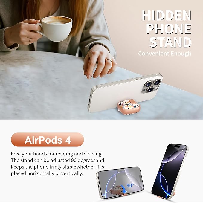 for AirPods 4 Case with Secure Lock Clip in Phone Stand,Floral Girly Style Protective Cover with Cleaning Kit and Hand Strap for Apple AirPod 4 Generation (Palm Petals)