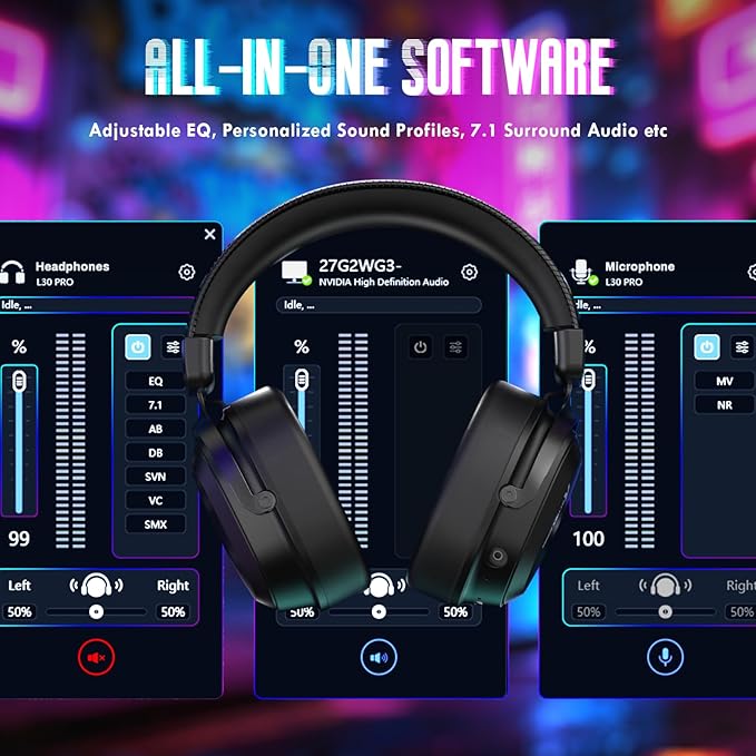 ATTACK SHARK L30PRO Wireless Gaming Headset,7.1 Surround Sound, 50mm Drivers,20ms Low Latency,Detachable Noise-Canceling Mic, Aluminum Alloy Frame,Tri-Mode Connectivity Over-Ear Headset-Black