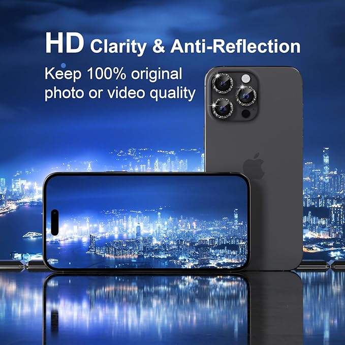 Misea Compatible for iPhone 16 Pro/iPhone 16 Pro Max Camera Lens Protector Bling, 9H Tempered Glass Camera Cover Screen Protector Metal Individual Ring Protector Decoration Accessories, Black Glitter