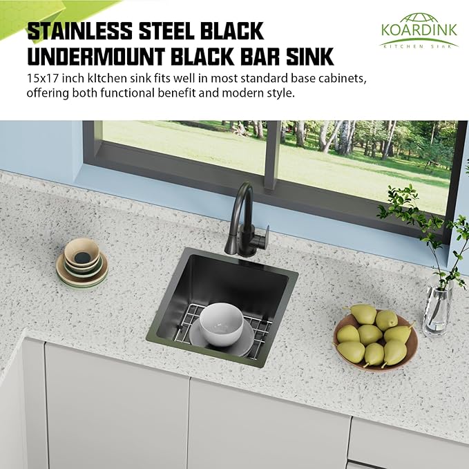 Black 15x17In Undermount Kitchen And Bar Sink- Stainless Steel Single Bowl Modern Drop In Kitchen&Bar Sink With SS Grid,Silicon Mat,Colander,Drain Strainer Compatibility With Various Kitchen&Bar Style