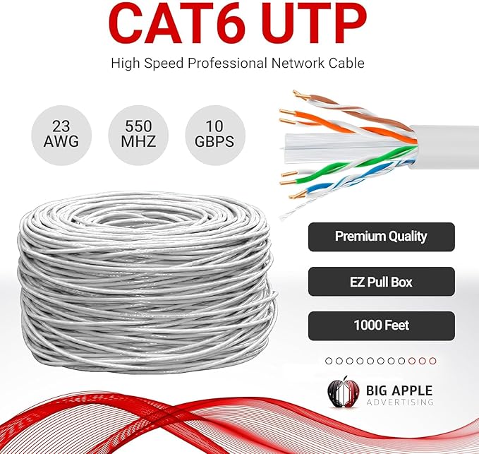 Big-A - Bulk Cat6 Cable 1000ft 23AWG Solid 4 Pair, Cat 6 Ethernet Cable Unshielded Twisted Pair (UTP), (CMR) 550MHz Internet Cable, Pull Box - White