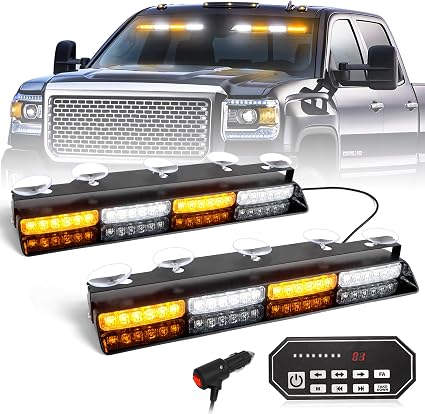 HLauto 604N Emergency Dash Strobe Lights: 2x16.8 inch Amber White Security Light w/Take Down, 48 LED Safety Flashing Warning Hazard Interior Windshield Light Bar for Truck Vehicle