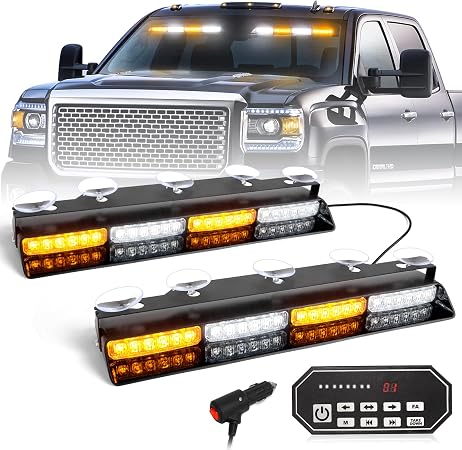 HLauto 604N Emergency Dash Strobe Lights: 2x16.8 inch Amber White Security Light w/Take Down, 48 LED Safety Flashing Warning Hazard Interior Windshield Light Bar for Truck Vehicle