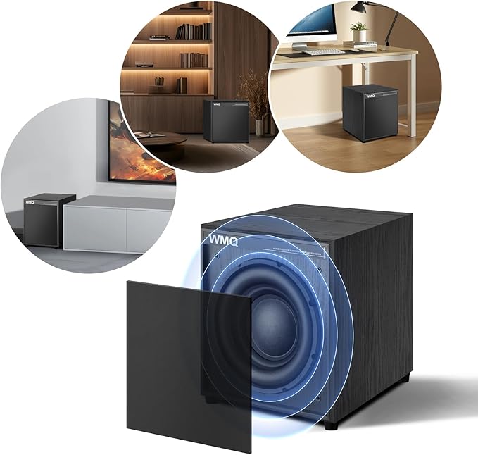 8" Active Home Theater subwoofer, Featuring SUB and RCA Input interfaces, 200W RMS, Medium-Density fiberboard Cabinet with Heat Sink, Adjustable Crossover Frequency Range from 60-180 Hz.