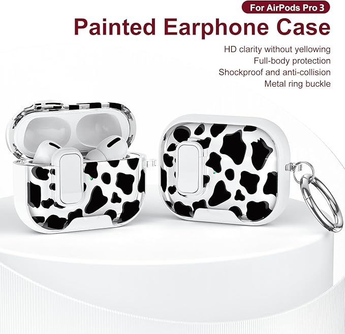 Case Compatible with AirPods Pro 3 2025,Cute Cow Print Cover for AirPods Pro 3rd Gen with Built-in Phone Stand,One-Click Secure Lock & Carabinerl,Wireless Charging Keychain,Gift for Girls Women