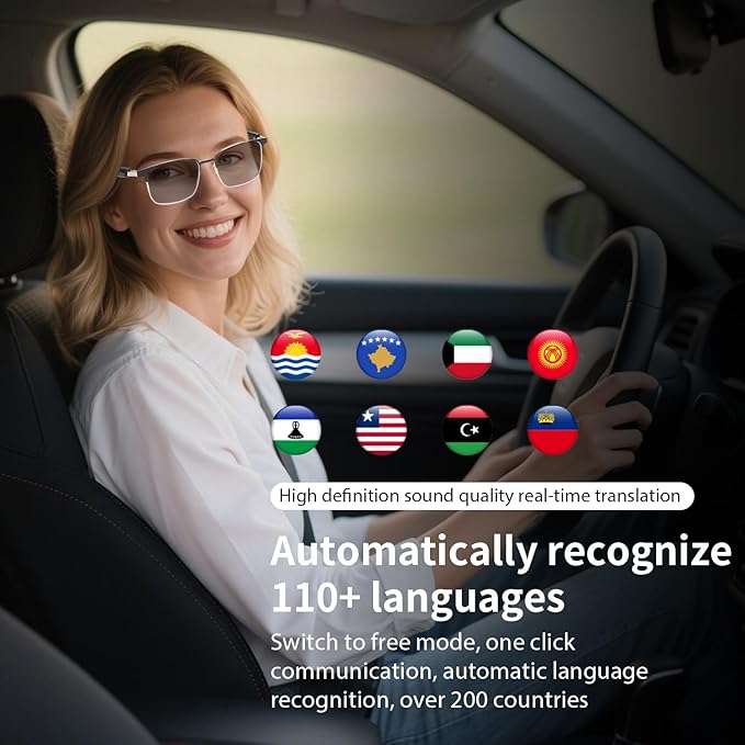 AI Smart Glasses with ChatGPT, Bluetooth Glasses for Women & Men, Photochromic Lenses, Real-Time Translation in 160+ Languages via APP, AI Glasses with Speakers for Indoor Outdoor (Silver)