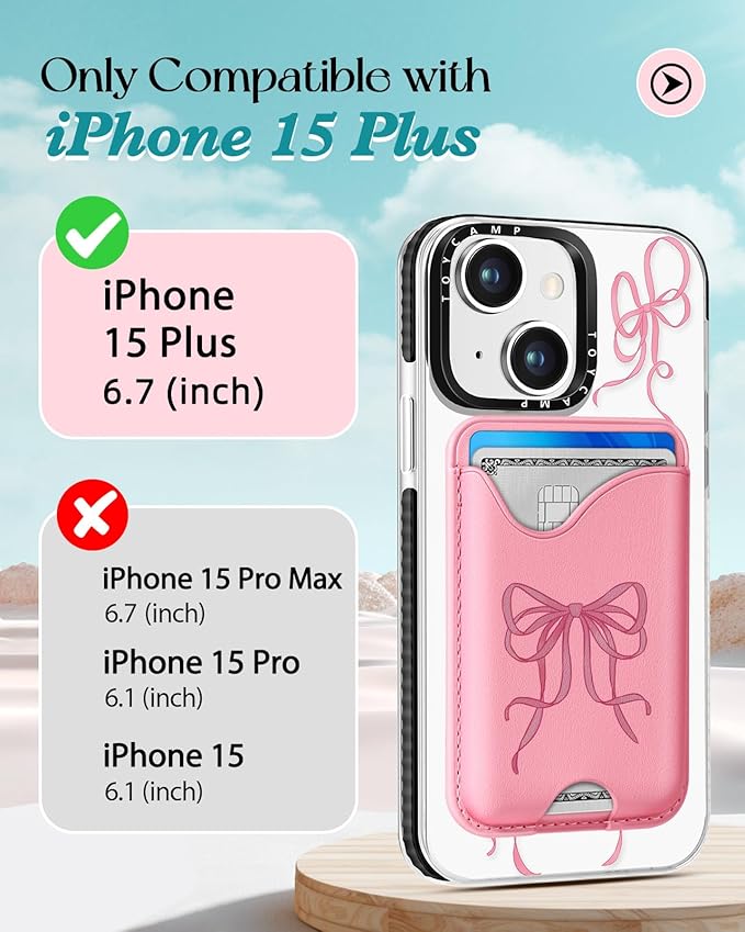 Toycamp for iPhone 15 Plus Case - Compatible with Magsafe Credit Card Holder Wallet Magnetic Cute Women Teen Girls Kawaii Girly Unique Bow Design Phone Cover for Apple 15 Plus 6.7"