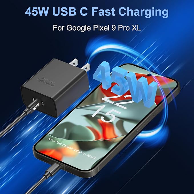45W USB C Fast GaN Charger for Google Pixel 9 Pro XL/9 Pro/9/8 Pro/8/8a/7 Pro/7a/7/6/5/4 XL, Aymla 45 Watt Type C Adapter PD 3.0/PPS Wall Plug Charging Rapidly Block with 10 FT C to C Cable (Black)
