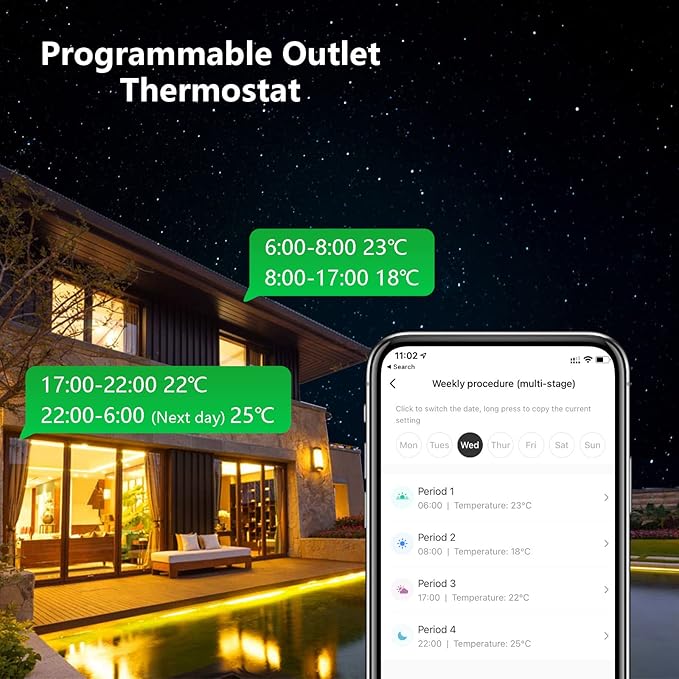 Programmable Smart WiFi Thermostat Plug Mini Temperature Controller 10A Plug-in Socket APP Control Voice Control Schedule Timer Electric Switch for Heating Cooling Appliances