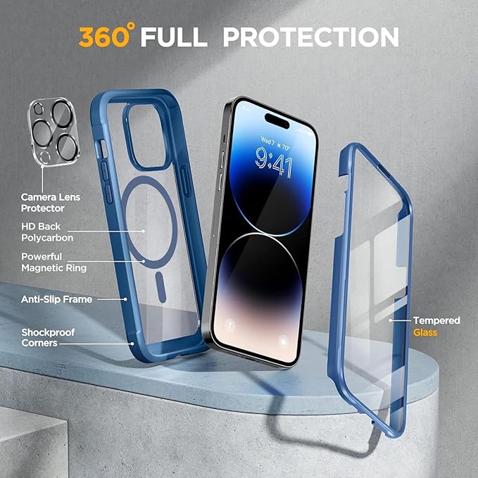 Miracase Magnetic for iPhone 14 Pro Max Case 6.7 inch, (Compatible with MagSafe) Upgrade Full-Body Clear Phone Bumper Case with Built-in 9H Tempered Glass Screen Protector, Magnetic Capri Blue