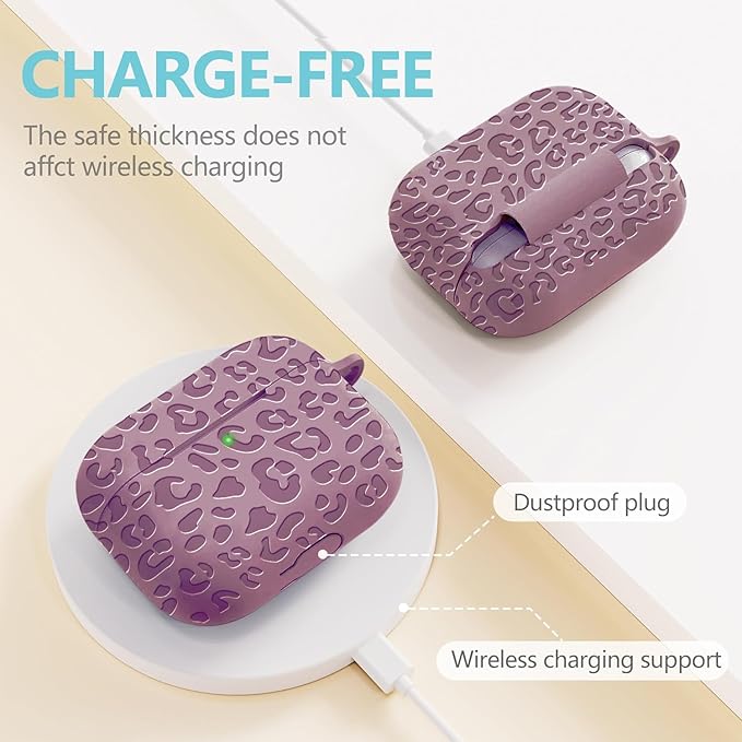Engraved Case for AirPods 3rd Generation Carving Cover with Keychain, Leopard Skin Soft Cover for Compatible with AirPods 3rd Generation Case Full Protection,Front LED Visible,Smoke Violet