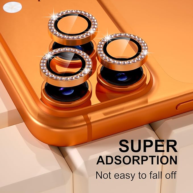 Misea Compatible for iPhone 17 Pro/iPhone 17 Pro Max Camera Lens Protector Bling, 9H Tempered Glass Camera Cover Screen Protector Metal Individual Ring Decoration Accessories, Orange Diamond