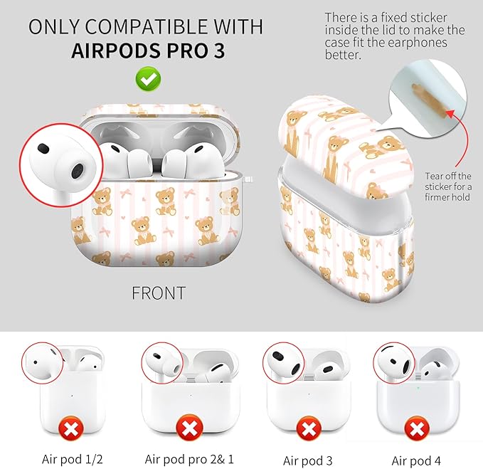 Cute Hard Case Compatible with AirPods Pro 3rd Generation Case (2025), Shockproof Protective Cover with Golden Keychain Ring Clip (Cute Bear Bow)