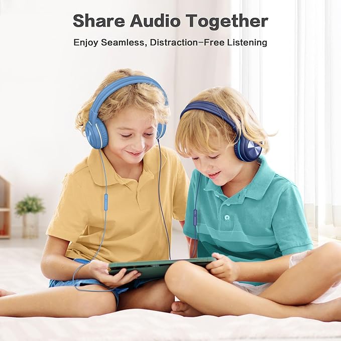 SIMOLIO Over-Ear Kids Headphones with Microphone and Volume Limited Plug in Headphones Wired, Foldable Corded Stereo 3.5mm Headset for Smartphones Chromebook Laptop Computer PC Tablets Travel (Blue)