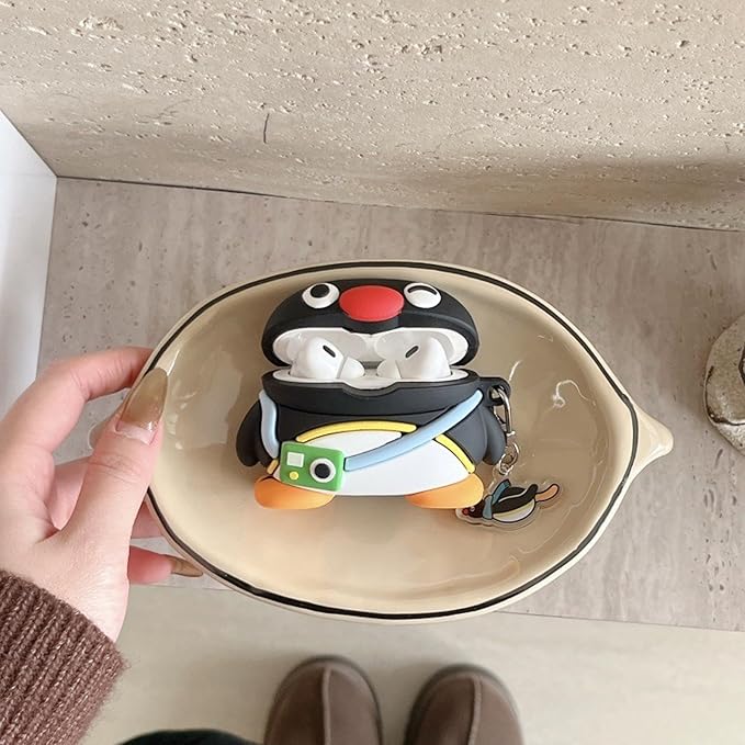 Case Compatible with Airpods 3, Cute Kawaii Camera Penguin Design Earbuds Cover, Kids Boys Girls Portable Accessories Soft Silicone Wireless Earphone Shockproof Protector for Gifts