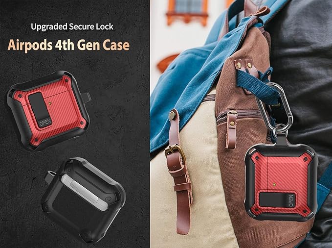 for Airpods 4 Case with Lock Clip, Rugged Apple Airpods 4th Generation Cover 2024 Men Women, Armor Shockproof iPod 4 Gen Protective Hard Shell with Carabiner&Cleaner kit,CF Black/Red