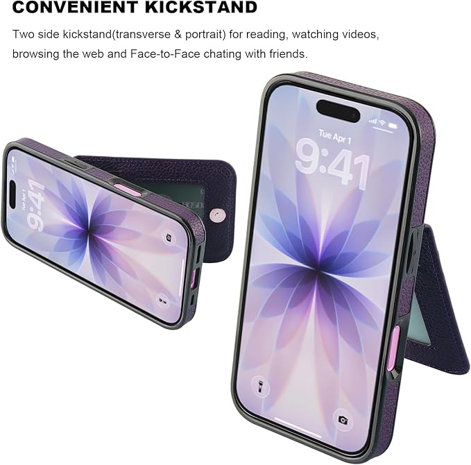 KIHUWEY Compatible with iPhone 17 Case Wallet with Credit Card Holder, Flip Premium Leather Magnetic Clasp Kickstand Heavy Duty Protective Cover for iPhone 17 6.3 Inch (Lichee Dark Purple)