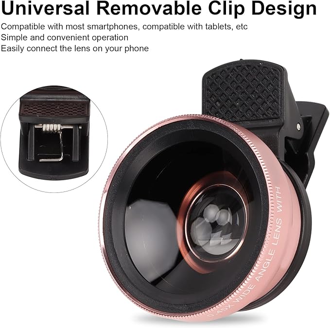 2 in 1 Cell Phone Lens Kit, 0.45X Wide Angle 12.5X Macro Phone Camera Lens, Professional Cell Phone Lens with Clip, Detachable HD Lens with Storage Bag, Compatible with Phones and Tablets(Rose Gold)