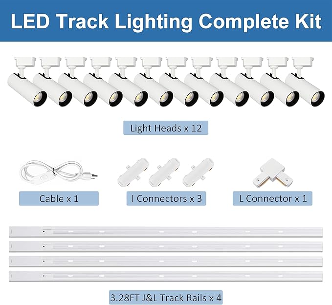 White Super Brightness 4000K Natural Light Dimmable Brightness 25W 2000lm J&L Type LED Track Lighting System with 13 FT Track Rails and Ceiling Spotlight Fixture Installation Package