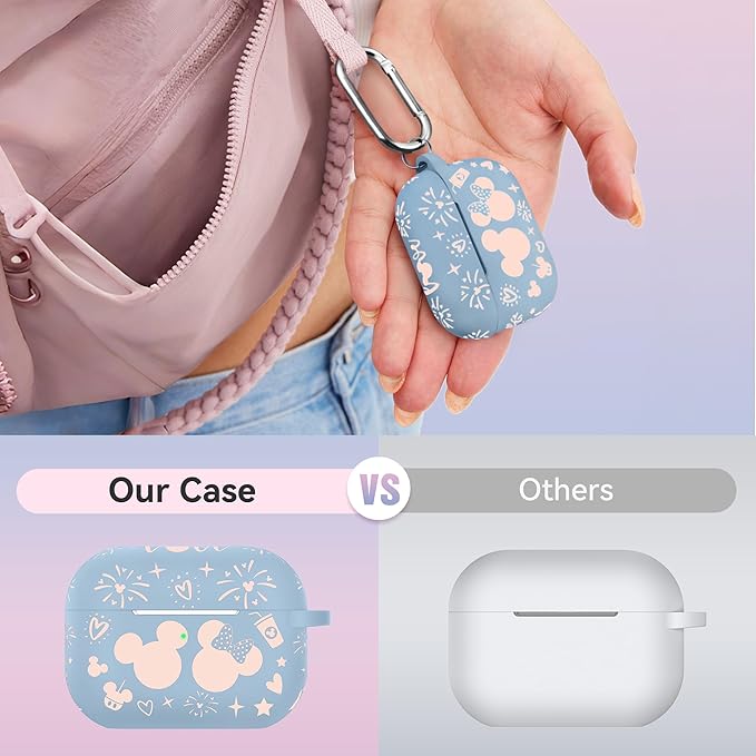 Compatible with Airpods Pro 2nd/1st Generation Case Cover with Keychain, Women Men Soft Silicone Two-Tone Cute Cartoon Engraved Convenience Protective Case, Front LED Visible Blue/Pink
