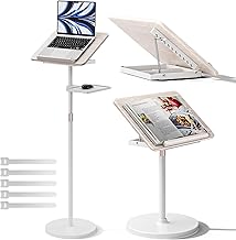 2 in 1 Adjustable Book Stand - Dual-Use Floor and Desktop Book Holder Stand, Height Adjustable 23.5-52 in, Elastic Page Clips for Music Sheet, Recipe, Tablet, Laptop-White
