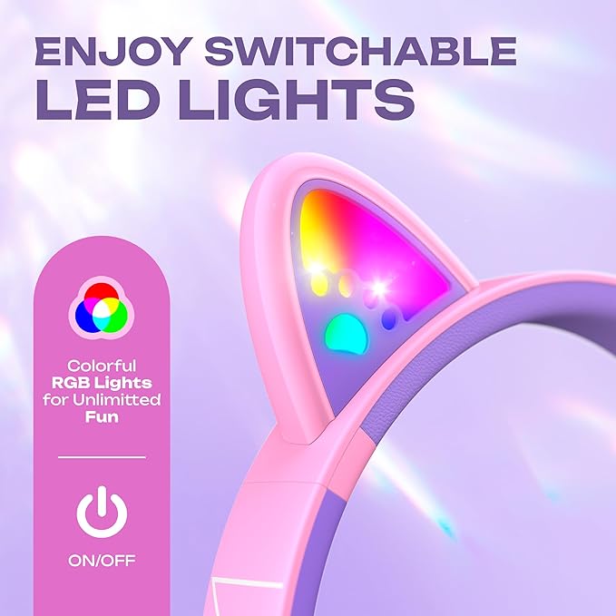 PowerLocus Kids Wireless Headphones, Bluetooth Kids Headphones LED Lights Over Ear with 74/85/94dB Volume Limited, 45H Playtime,Built-in Mic, Two Device Share Mode, HD Stereo for Travel/PC/Tablet
