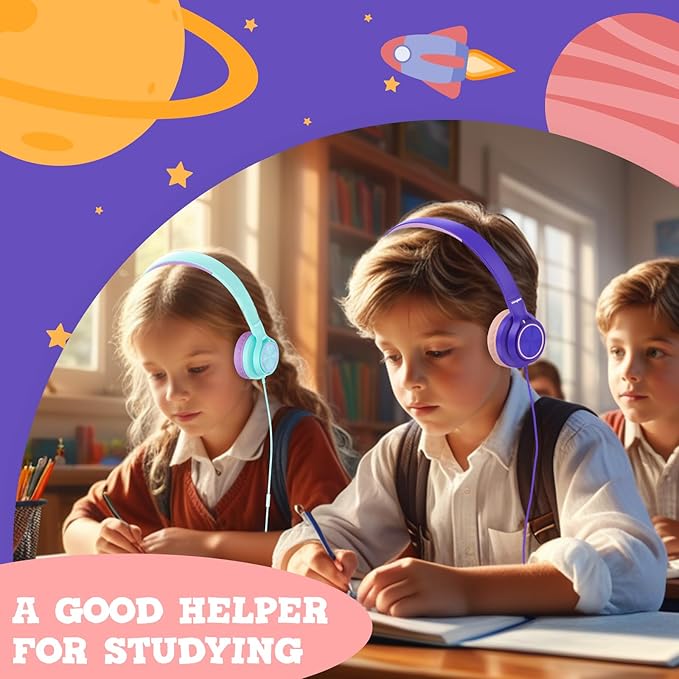 Kids Headphones for School Travel, Upgrade USB Type C Safe Volume 94dB, with Mic HD Stereo Sound Foldable On-Ear Headphones for Boys/Girls/Students/Tablet/Travel Purple