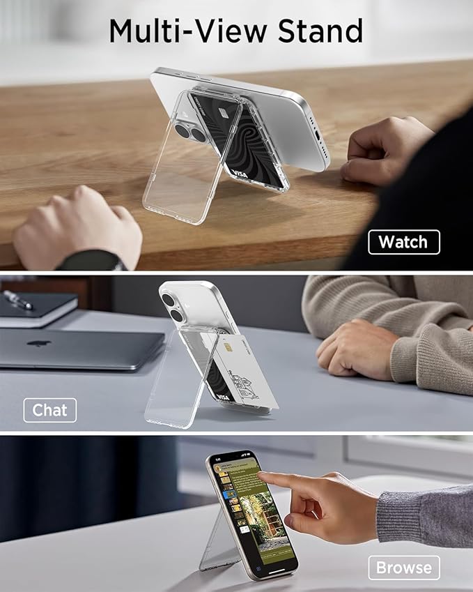 Miimall Clear for MagSafe Wallet with Stand, 2-Card Holder for iPhone 17/16/15/14/13/12 Pro Max Plus Air, Pixel 10 Series, Ultra Thin Slim Strong Magnetic Phone Wallet Stick for iPhone Transparent