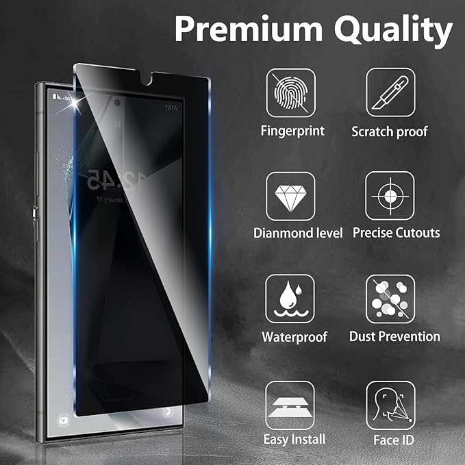 3+3 Pack Privacy Screen Protector Designed for Samsung Galaxy S25 Ultra With 3 Pack Camera Lens Protector,Full Coverage Anti-Spy Tempered Glass Film,9H Hardness,Bubble Free,Easy to Install
