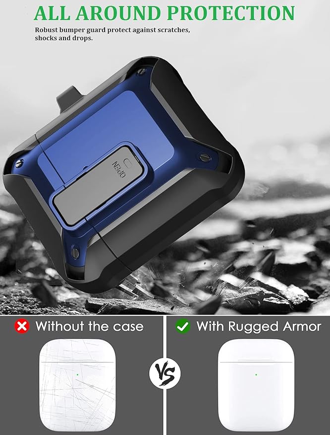 for Airpods 2nd 1st Generation Case Men Lock with Cleaner Kit, Rugged AirPod 2/1 Gen Protective Hard Cover Shockproof Skin Boys Women with Keychain for Apple iPods 2nd/1st Cases, Black