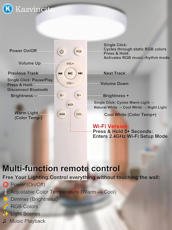 BT-Version LED Ceiling Light with Speaker 40W 13Inch Music Ceiling Lamp with Remote Control Adjustable Brightness & Color Temperature RGB Ambient Lighting for Kids Room Bedroom and More
