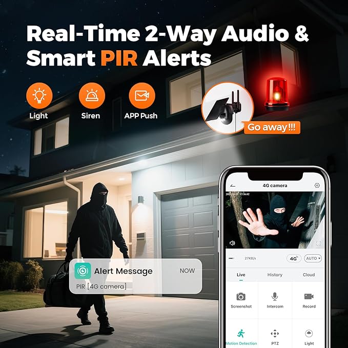 Solareye 4G LTE Cellular Outdoor Camera, No WiFi Security Camera, Built-in SIM Card, 2K Color Night Vision, 360° Live View, PIR Motion Detection, 2-Way Talk for Wildlife Monitoring