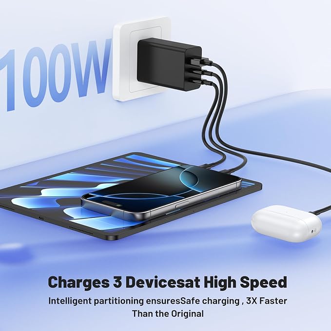 USB C Charger Block, 100W GaN 3-Port Super Fast Charging Station Hub,USB C Multi Wall Cube Plug,65W Type C Power Adapter Brick Box for MacBook Pro/Air,iPad,Apple iPhone 17 16 15 Pro Max,Samsung Galaxy