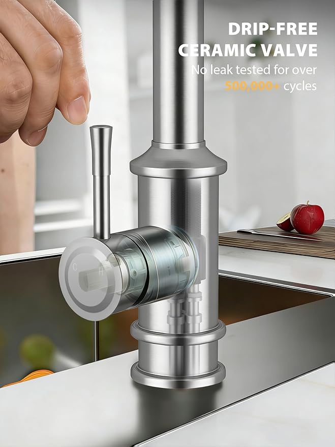 Vintage Kitchen Faucets with Pull Down Sprayer, Stainless Steel High Arc Kitchen Sink Faucet, Drip-Free 3 Spray Mode Faucet with 360° Rotation, Easy DIY Single Hole Install (Brushed Nickel)