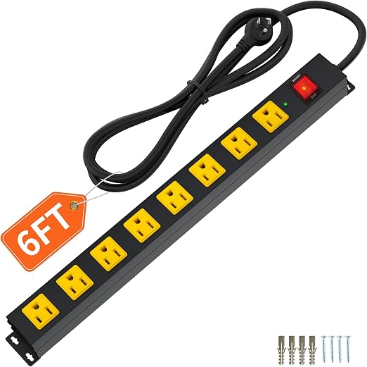 8 Outlet Long Power Strip, 2100J Surge Protector Heavy Duty 6FT Cord Wide Spaced and Wall Mount Metal Powerstrip for Home Office Garage Workshop