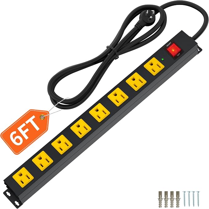 8 Outlet Long Power Strip, 2100J Surge Protector Heavy Duty 6FT Cord Wide Spaced and Wall Mount Metal Powerstrip for Home Office Garage Workshop