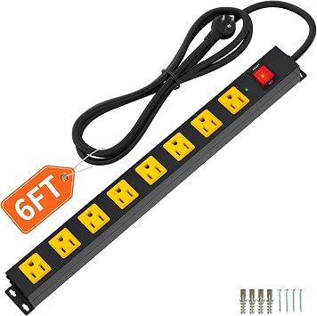 8 Outlet Long Power Strip, 2100J Surge Protector Heavy Duty 6FT Cord Wide Spaced and Wall Mount Metal Powerstrip for Home Office Garage Workshop