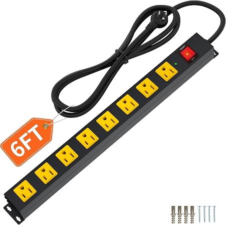 8 Outlet Long Power Strip, 2100J Surge Protector Heavy Duty 6FT Cord Wide Spaced and Wall Mount Metal Powerstrip for Home Office Garage Workshop