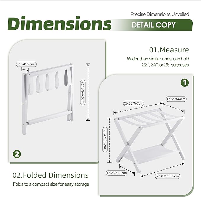 Luggage Rack, Set of 2, Folding Suitcase Stand with Storage Shelf, Premium Bamboo Luggage Holder for Guest Room, Bedroom, Hotel, Closet, Holds up to 135 lb (White)