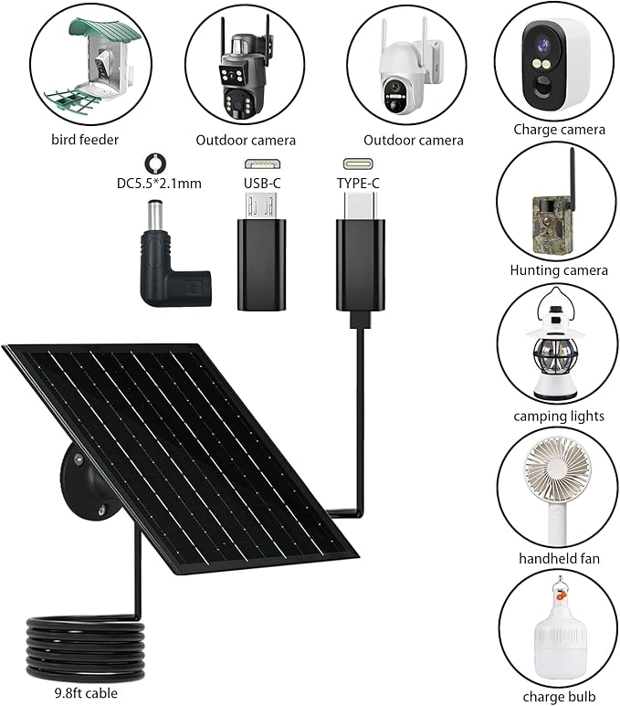 Solar Panel for Security Camera 5V 6W USB Solar Panel Charger Type-C Port、Micro USB Port＆DC Port Solar Sanels for Cameras with 9.8ft Charging Cable Charging Power IP65 Waterproof (2 Pack Black)
