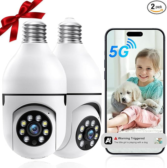 Light Bulb Security Camera -5G& 2.4GHz WiFi Camera Outdoor Wireless Motion Detection and Alarm,Two-Way Talk,Color Night Vision, Lightbulb Security Cameras Outdoor Compatible with Alexa,2 Pack