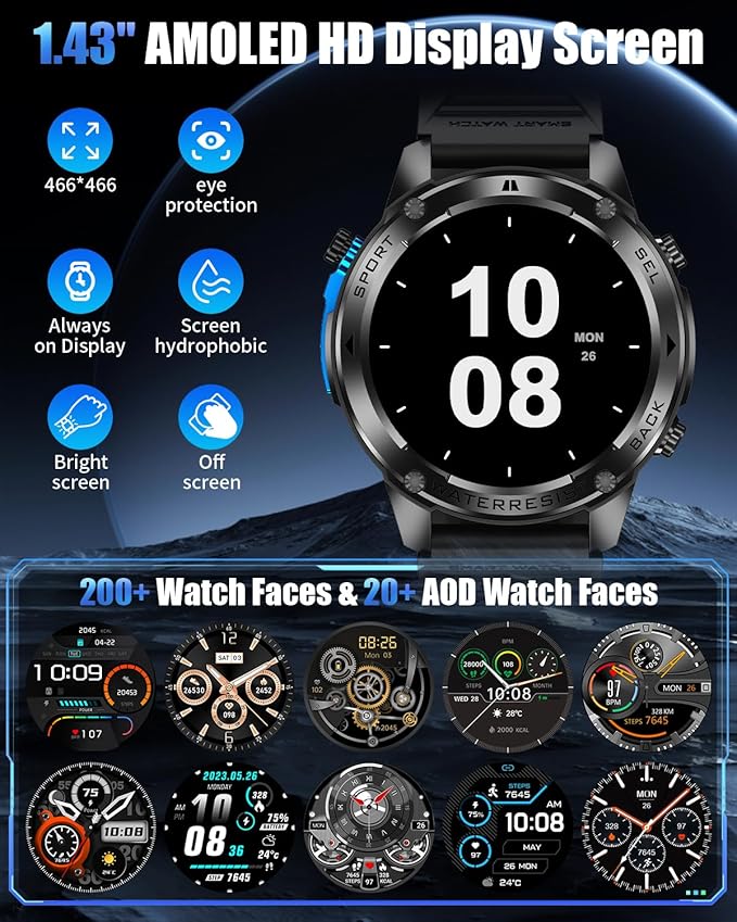 Military Smart Watch for Men with GPS, 5ATM Waterproof, 700mAh Long Battery, 1.43'' AMOLED Display, Health & Sleep Tracking, Bluetooth Calling, Compatible with Android/iPhone