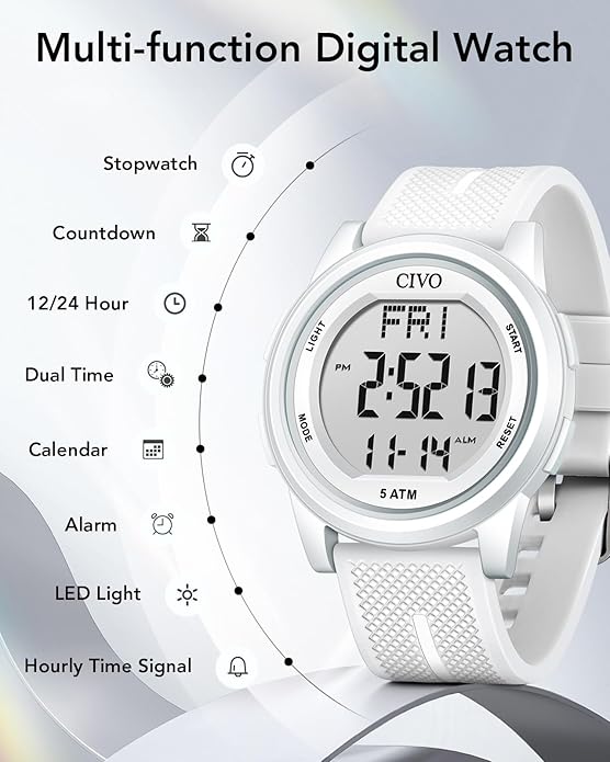 CIVO Digital Watches for Men Women: Sports Waterproof Wristwatch with Stopwatch Alarm Date - LED Backlight Big Numbers Silicone Watch for Outdoor Camping Running Cycling