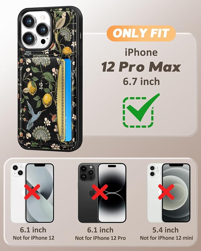 for iPhone 12 Pro Max Case with Wallet - Fits 4 Card Slots, Compatible with MagSafe for Women Aesthetic PU Leather Credit Card Holder Kickstand Phone Cover for Apple 12 Promax, Lemon Bird