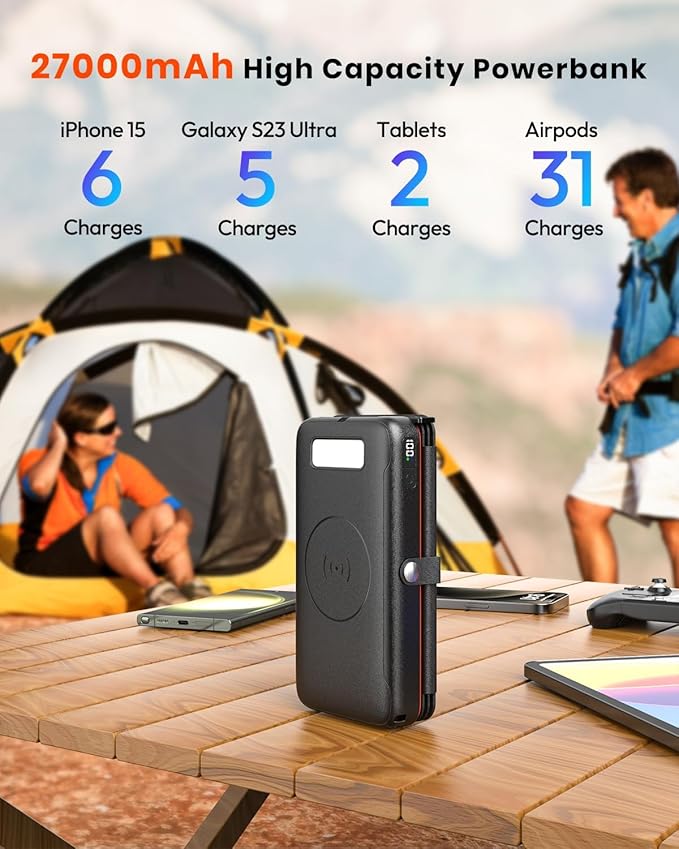 FEELLE Solar Charger Power Bank, 27000mAh Wireless Portable Charger with 4 Solar Panels, 22.5W Fast Charging External Battery Pack USB-C in/Output PD+QC 4.0 Portable Power Bank for Smartphone
